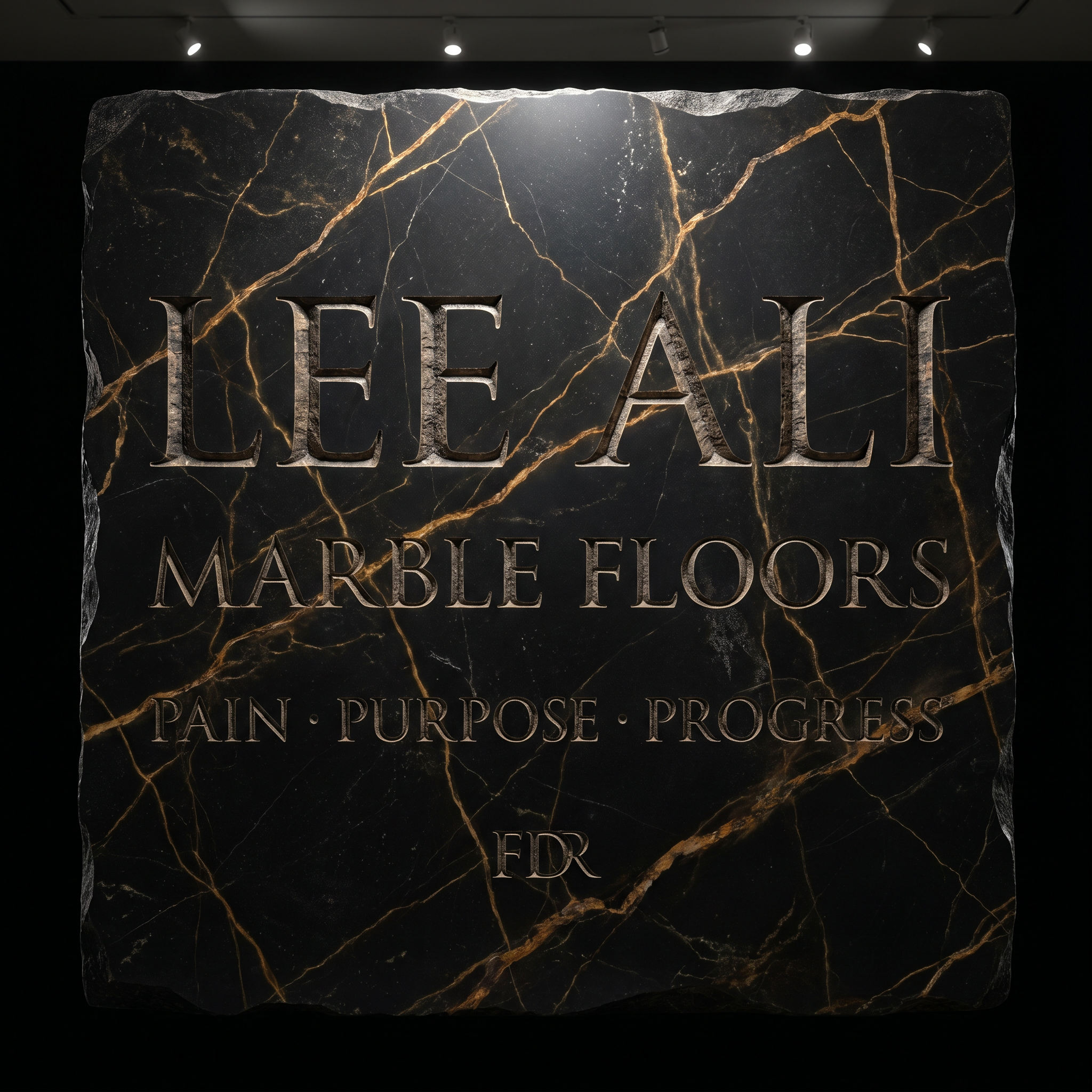 Lee Ali Marble Floors stone-engraved emblem, Pain Purpose Progress carved in black marble with gold veins
