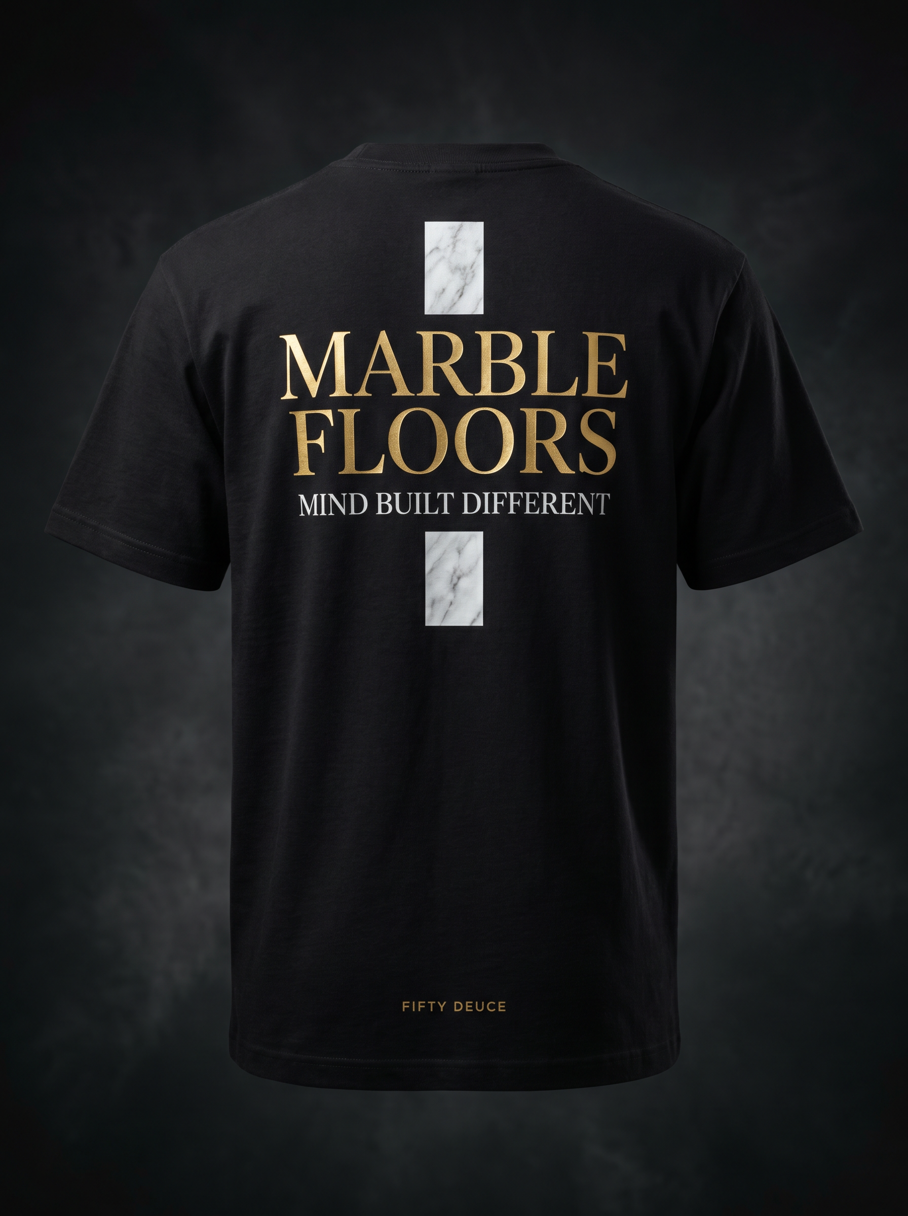 Marble Floors t-shirt back, MARBLE FLOORS vertical typography with MIND BUILT DIFFERENT tagline