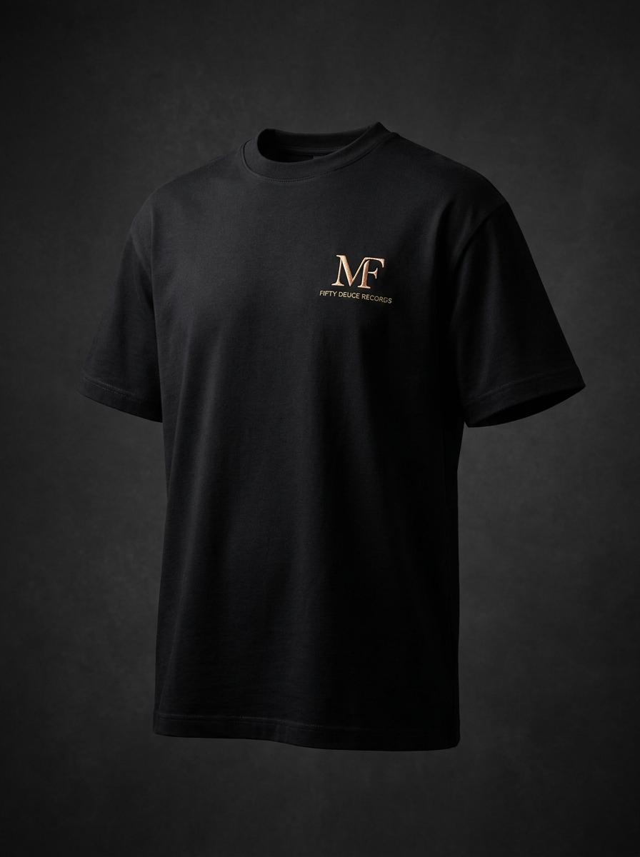 Marble Floors premium t-shirt front, MF monogram chest logo, luxury streetwear by Fifty Deuce Records